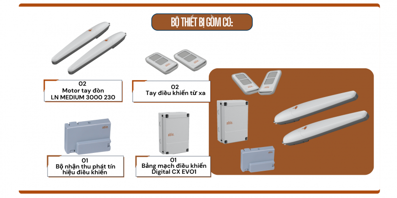 Thành phần bộ thiết bị cổng tự động tay đòn Able 600kg 230V hãng V2 Italia